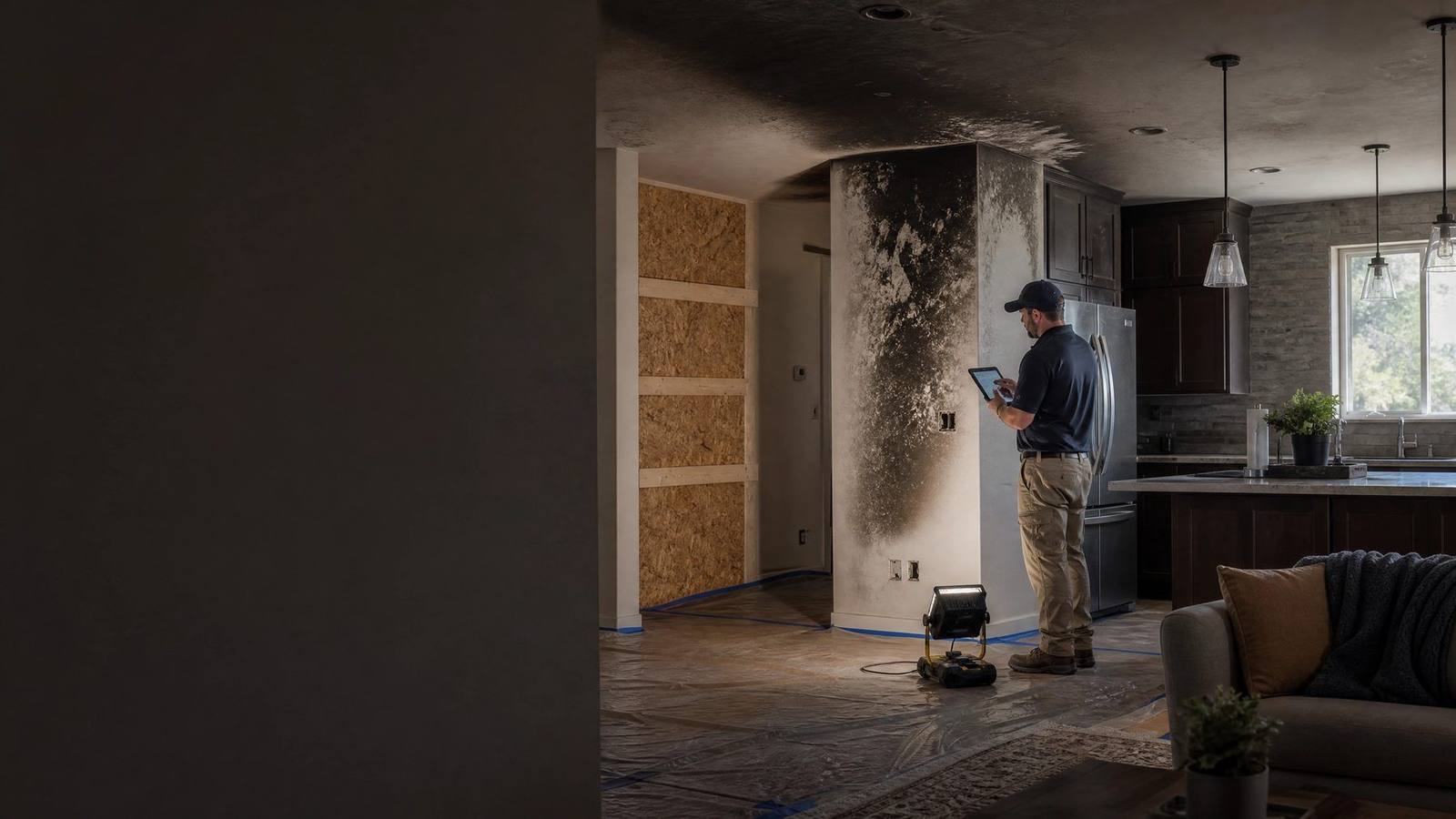 Fire damage assessment showing controlled soot and smoke cleanup conditions