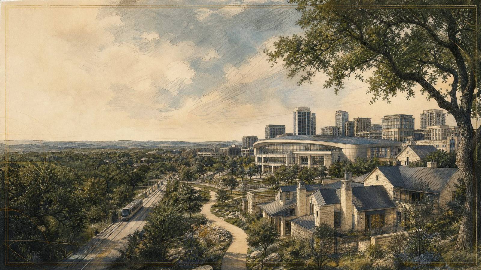 Illustrated Cedar Park community scene with established neighborhoods, trees, and civic architecture