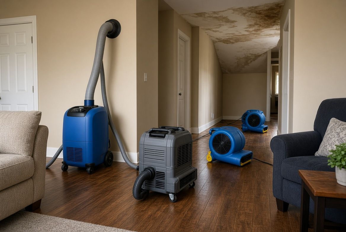 Dehumidifiers and air movers staged for structural drying in a water-damaged Austin home